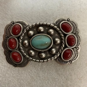Cintura vintage occidentale vetro turchese 2,25 pollici concho rosso accenti cabochon - Foto 1 di 8