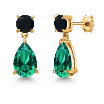 18K Yellow Gold Plated Silver Nano Emerald and Onyx Teardrop Dangle Drop - Image 1 of 4