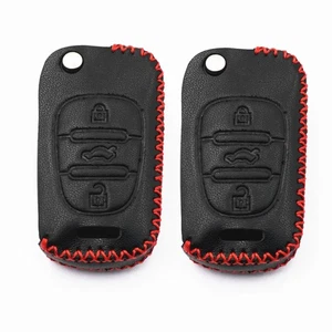 2Pcs Black Leather For Hyundai Accent I20 I30 Sonata Elantra 3 Buttons Key Fob - Picture 1 of 4