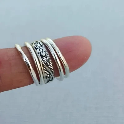 925 Sterling Silver Stackable Rings Set: Hammered Boho Bands  All Size - Image 1 of 4