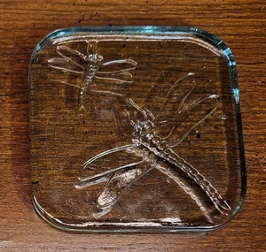 MCM Dragonfly Green Art Glass Paperweight Embossed Etched Square Coaster 4.5" - Picture 1 of 3