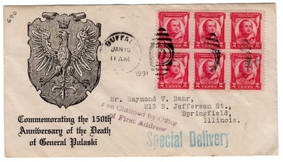 #690 Pulaski 1931 FDC - Planty #15 Buffalo NY Special Delivery Block/6 - Image 1 of 2