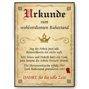 Ruhestand Urkunde Rente Abschiedsgeschenk Kollege Rentner Geschenk - Bild 1 von 6