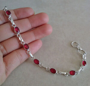NATURAL OVAL RED RUBY 925 STERLING SILVER LINK CHAIN BRACELET 7.5" HANDMADE