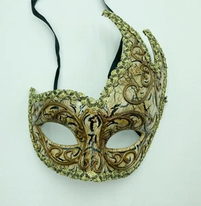 Vtg Women's Mardi Gras Masquerade Half Mask Handmade Gold Trim Halloween - Picture 1 of 4