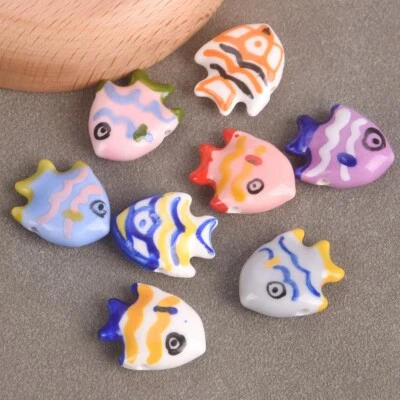 5pcs Colorful Painting Fish Shape 20x17mm Handmade Ceramic Porcelain Loose Beads - Image 1 of 3