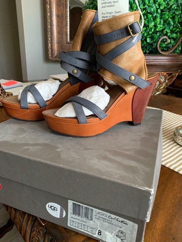 Sandali donna UGG andreana lavati oro pelle legno zeppa misura 8 nuovi
