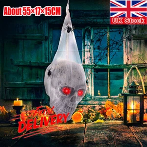 Halloween Animated Hanging Skulls Head Covered with Spider Webs BL - Picture 1 of 17