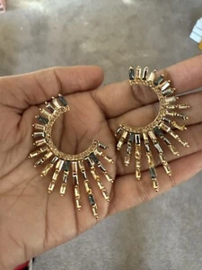 Gold Studs Earrings Gray Crystal Rhinestone Large Big Wedding Pageant - Picture 1 of 8