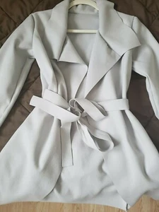 Women size S pearl gray belted waterfall jacket fashion duster overcoat trench - Picture 1 of 4