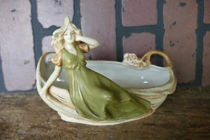 antique Art Pottery Royal Dux Bohemia porcelain figural dish bowl art Nouveau - Picture 1 of 6