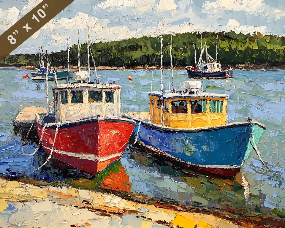Bar Harbor with lobster boats oil painting 8x10 Print