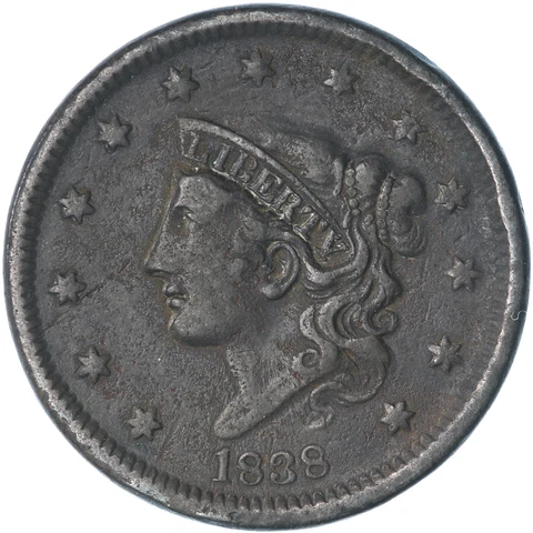 1838 (P) Coronet Large Cent Very Fine VF See Pics R623 Cover