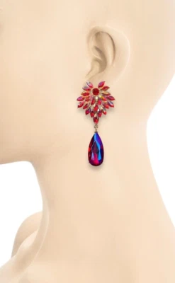 3” Long Iridescent Red Acrylic Crystals Wedding Guest Elegant Evening Earrings - Image 1 of 3