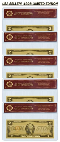 5 PACK - 1928 24K GOLD $2 DOLLAR GOLD CERTIFICATE BANKNOTE & CERT OF AUTHS (COA) Cover
