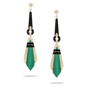 Green Malachite & Onyx Dangle Earrings 925 Fine Silver Evening Party Wear Jewel - Picture 1 of 4