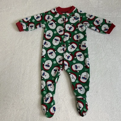 Place Baby Unisex Footed Pajamas Size 9-12M Green Fleece Long Sleeve Santa - Image 1 of 4
