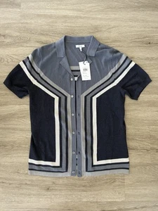 $190 REISS Castle Ribbed Cuban Collar Shirt | Navy Blue /Grey | SIZE LARGE - Picture 1 of 7