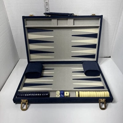 Vintage Backgammon Complete Set 15"x10” Game Board Velvet Blue White Briefcase - Image 1 of 4