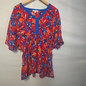 The Pioneer Woman Red Floral Peasant Top Blouse Size L Boho V-Neck Tie Sleeve - Picture 1 of 13