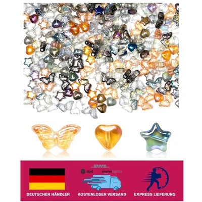 300 Stück Gemischte Glasperlen 8mm für DIY Schmuck - Herz, Stern & Schmetterling - Bild 1 von 2