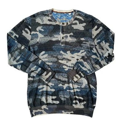 Suéter Grande Robert Graham Delgado Azul Marino Gris Tostado Estampado Camuflaje Henley Mezcla de Lino Foto 1 de 4