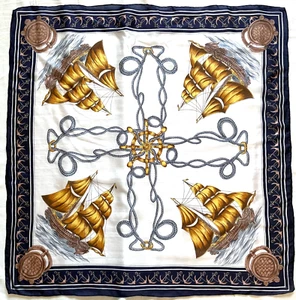 ⚓ NAUTICAL Silk Scarf – 31" SAILING Ship Rope Wheel Navy Gold Hand Rolled Marine - Picture 1 of 5