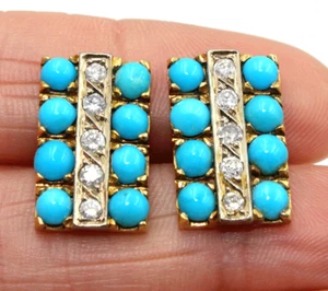 18K Yellow Gold 750 Diamond and Turquoise Cufflinks 15.3 Grams - Picture 1 of 7