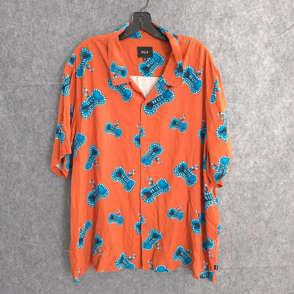 Camisa HUF Camp Cuello Abotonada Manga Corta Resort Patinador Para Hombre XL Perro Naranja Foto 1 de 4