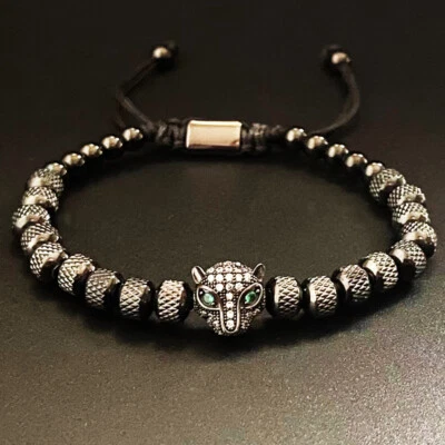 Luxury Stainless Steel Beads Beaded Leopard Head Man Bracelets Women Bangle Gift - Image 1 of 4
