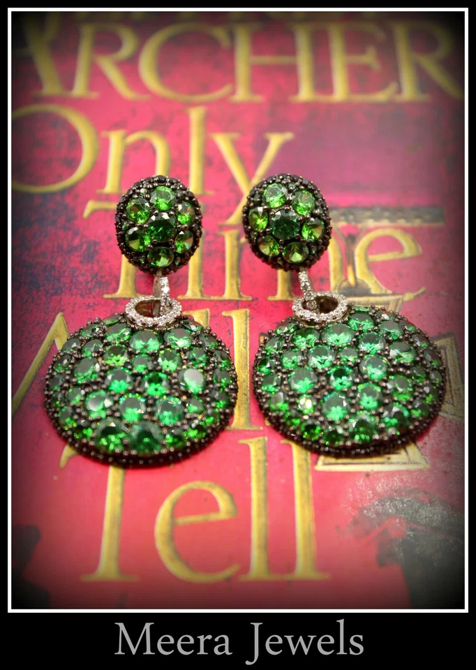 Simulated Round Cut Green Emerald, Black Onyx & White Sapphire Women's Earrings - Image 1 of 4