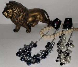 Brand New 4 pc jewelry Faux Pearl Earrings Necklace Black White Blue Set L15 - Picture 1 of 4
