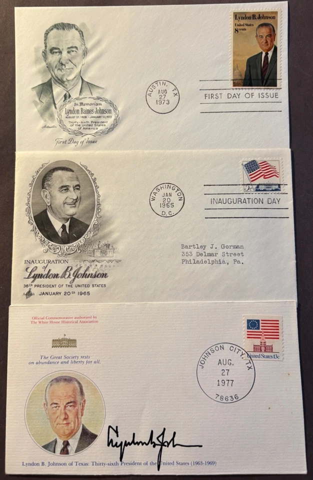 #1503 Lyndon Baines Johnson FDC con dos cubiertas adicionales relacionadas con LBJ Foto 1 de 1