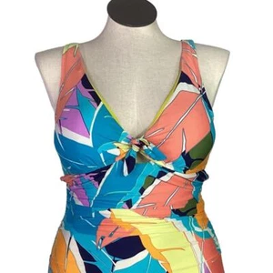 Jantzen One Piece Palm Swimsuit Women 14 Blue Multi Faux Wrap V Neck Lined - Picture 1 of 11