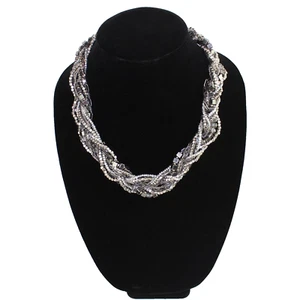 Multi Chain Twisted Necklace Silver Gray Bead Braid 18"-21" Adjustable Length - Picture 1 of 7