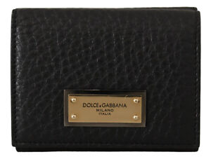 DOLCE & GABBANA Wallet Black Leather Bill Coin Trifold Mens Clutch Logo Plaque