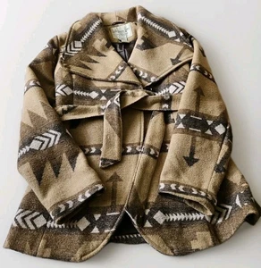 American Rag Womens Large Brown Aztec Belted Pea Coat Classic Geometric Pattern - Picture 1 of 11