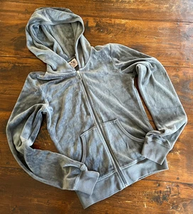 Vintage Juicy Couture Gray Royal Pink Glitter Zip Front Velour Hoodie Jacket P - Picture 1 of 8