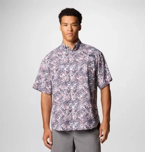 Columbia Men's PFG Super Tamiami Short Sleeve Button Shirt Medium Navy Blue Red - Picture 1 of 2