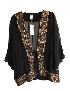 Chico's Artemisia Gwenyth Jacket sz 2 Black Semi sheer 3/4 sleeve tie front SILK - Picture 1 of 6