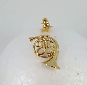Gold Tone French Horn with 3 Clear Rhinestones Lapel Hat Collectible Pin - Bild 1 von 5