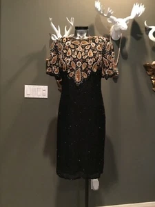 NEU MIT ETIKETT Vintage Cocktailkleid Pailletten Perlen offener Rücken Gr. L - Bild 1 von 12