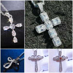 Cross Women Necklace Pendant Elegant 925 Silver Filled Cubic Zircon Jewelry - Picture 1 of 18