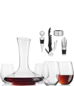 Godinger Glass Wine Set 9-Piece Carafe and Stemless with Tools - Picture 1 of 4