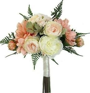 Wedding Bridal Bouquet Artificial Peach Dahlias with Cream Roses & Fern - Picture 1 of 7