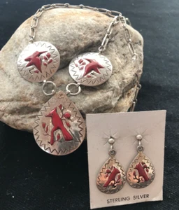 Coral Pendant Zuni Sterling Silver Cardinal Old Pawn Necklace Earrings 3920 - Picture 1 of 12
