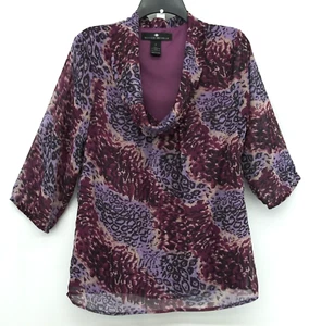 Madison Michelle Blouse Women Size M Purple Sheer Lined 3/4 Sleeve Cowl Neck Top - Picture 1 of 6