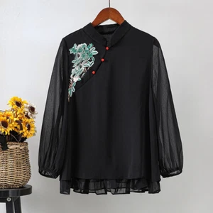 Women Embroidery Chiffon Shirt Chinese Style Tang Suit Retro Top Thin Chic Loose - Picture 1 of 12