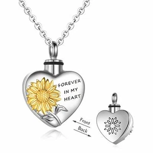 Stainless Steel Heart Sunflower Ashes Keepsake Cremation Memorial Urn Necklace - Picture 1 of 6