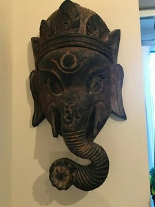 Vintage handgeschnitzte hölzerne Ganesh Maske Hindu Nepalesischer Buddha Yoga Meditation OM - Bild 1 von 9